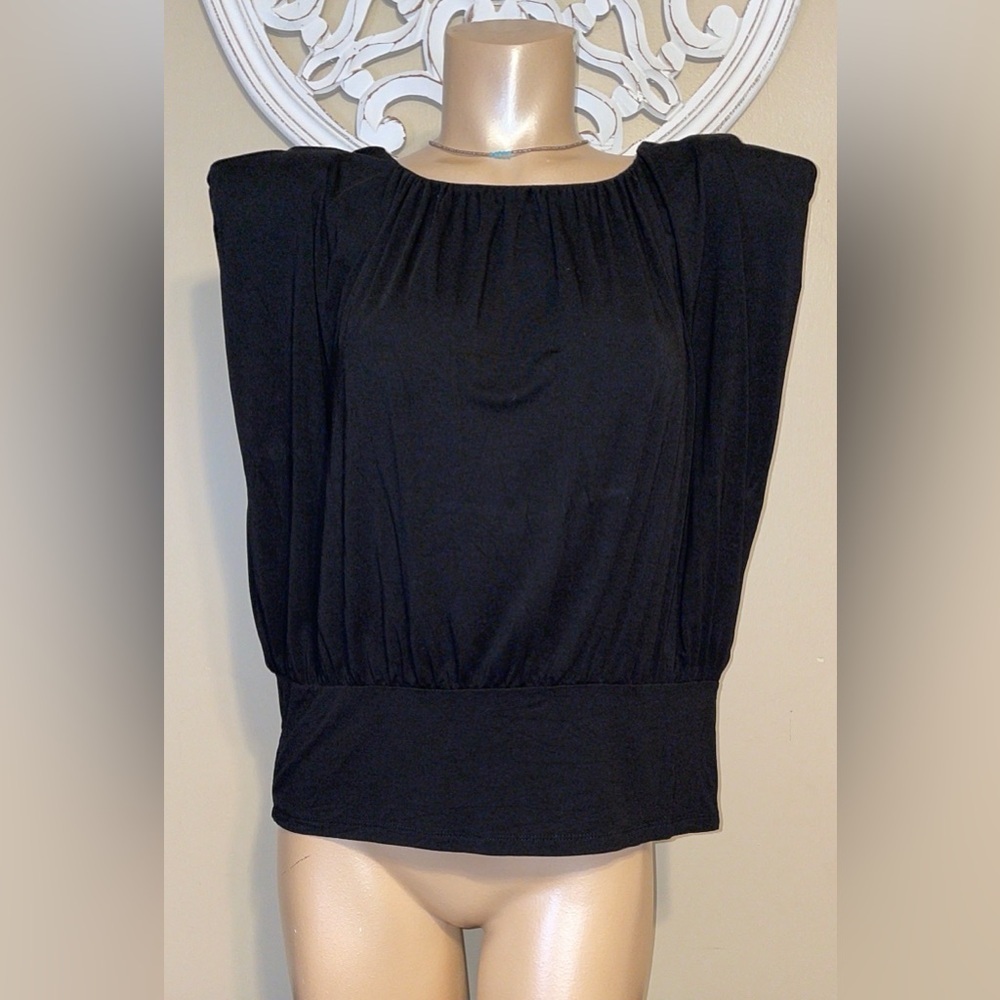 Nine West women’s large 12 14 blouse top Black Gathered shoulders square blousy